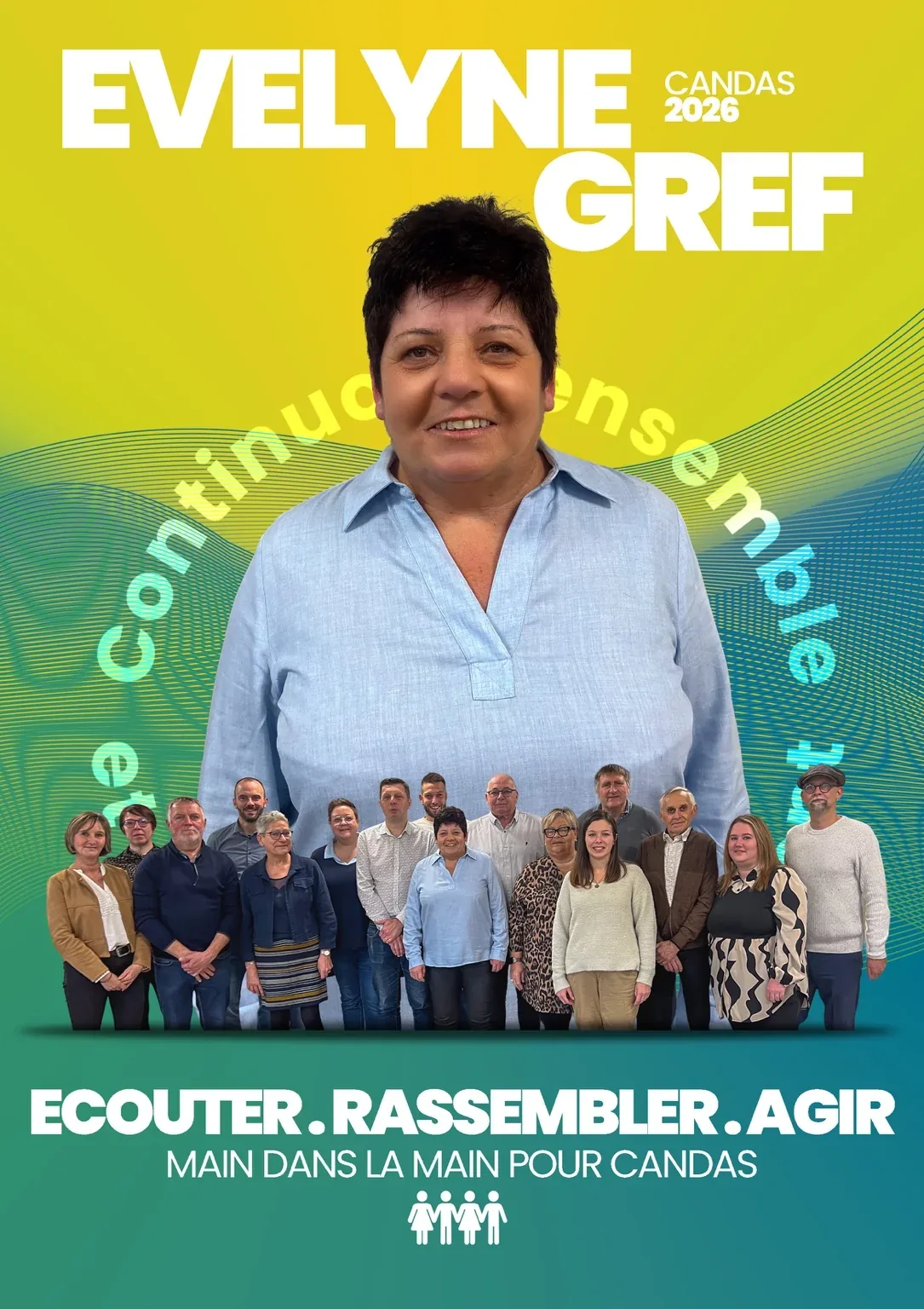 Affiche de campagne municipale : portrait de la tête de liste et photo de l'équipe