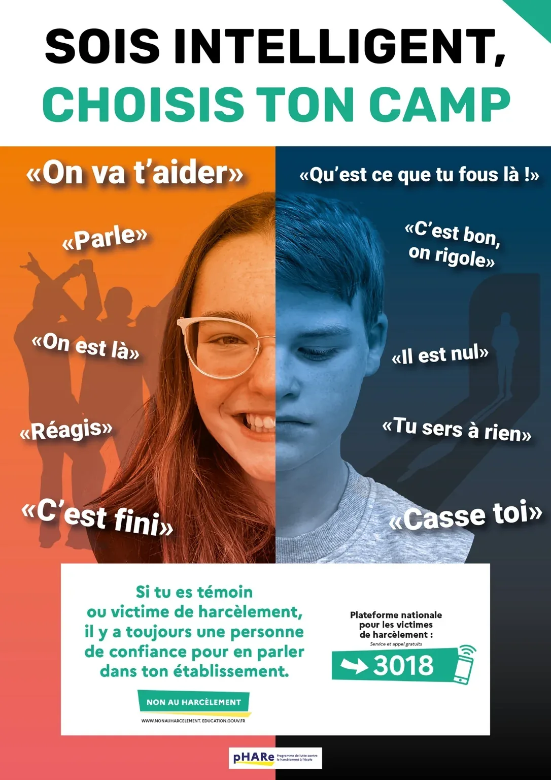 Affiche de prévention du harcèlement scolaire « Sois intelligent, choisis ton camp »