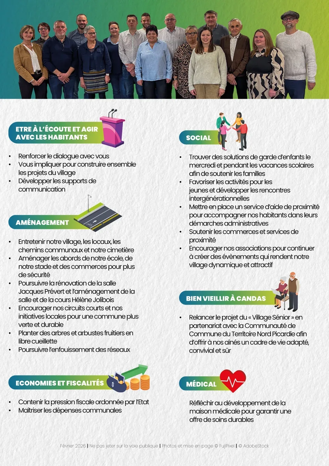 Flyer de programme électoral illustré, organisé par thèmes