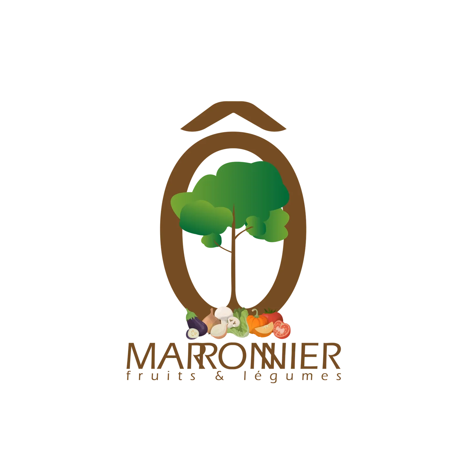 Logo Ô Marronnier : un arbre dans un Ô, avec fruits et légumes