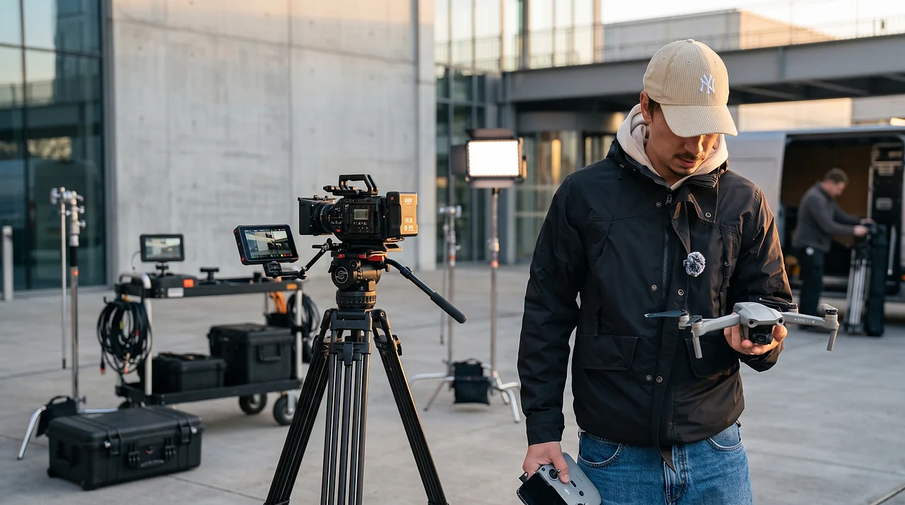 Tournage en extérieur : caméra cinéma sur trépied, éclairages et drone prêt à décoller