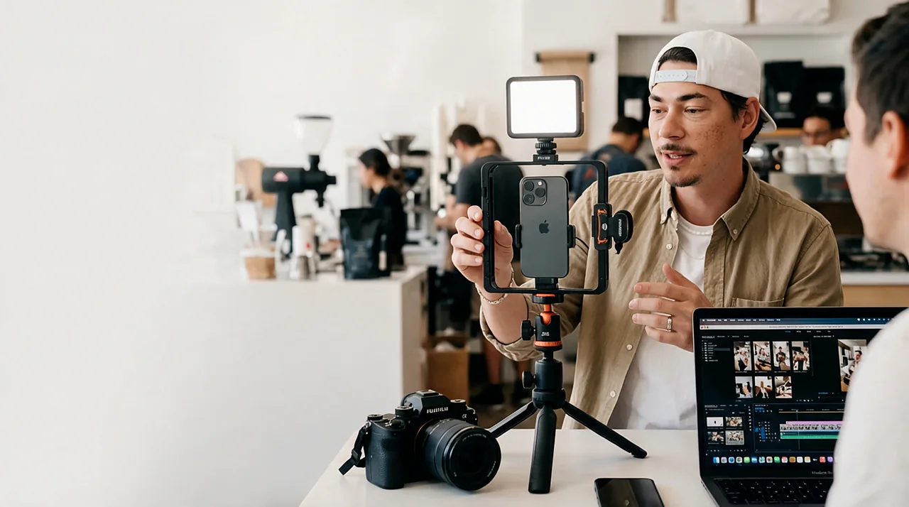 Tournage d'un contenu court au smartphone dans un café, avec lumière et micro